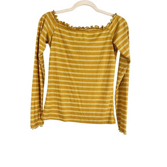 Aeropostale Y2K Rib Stripe Top L Yellow Ruffle Off Shoulder Preppy Chic Lace Up - Picture 2 of 10